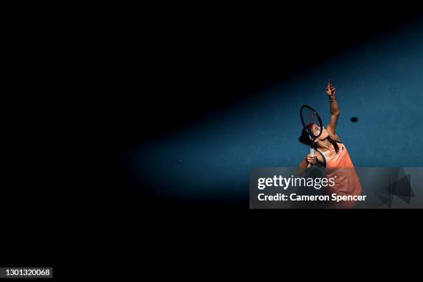 Sorana Cirstea of Romania plays a backhand in her Women's Singles second round match against Petra Kvitova of Czech Republic during day three of the...