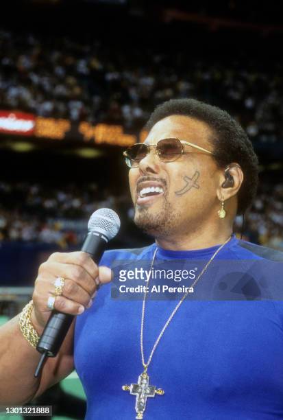 Aaron Neville performs the National Anthem before the New York Jets v New Orleans Saints game at the Louisiana Superdome on November 4, 2001 in New...