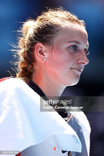 Petra Kvitova of Czech Republic looks on after losing her Women's Singles second round match against Sorana Cirstea of Romania during day three of...