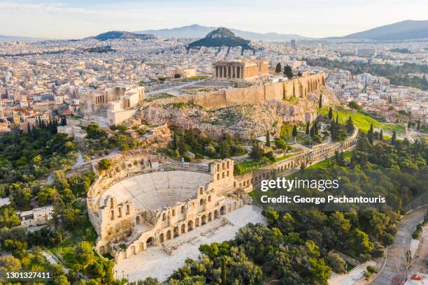 aerial photo of the acropolis and the odeon of herodes atticus - greece city foto e immagini stock