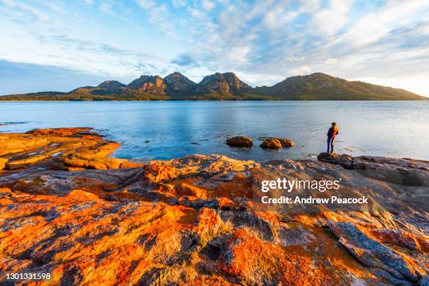 una donna gode di una vista al tramonto di the hazards da coles bay - tasmania foto e immagini stock