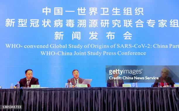 Experts from the WHO-China joint team Mi Feng, Liang Wannian, Peter Ben Embarek and Marion Koopmans attend the WHO-China Joint Study Press Conference...
