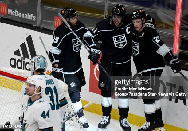 Los Angeles, CA Dustin Brown of the Los Angeles Kings reacts after scoring past goalie Martin Jones of the San Jose Sharks during the second period...