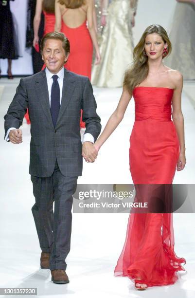 Fashion designer Valentino Garavani and Gisele Bündchen walks the runway during Valentino Ready to Wear Fall/Winter 2000-2001 fashion show as part of...