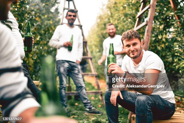glimlachende mannelijke die met zijn vrienden ontspant en bier drinkt na het werken hard tijdens de oogst van de appel - macedonia country stockfoto's en -beelden