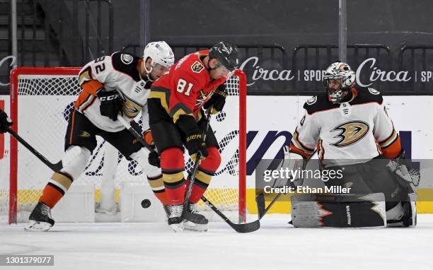 Jonathan Marchessault of the Vegas Golden Knights uses his skate to angle a feed from teammate Reilly Smith into the net for a goal against Jacob...