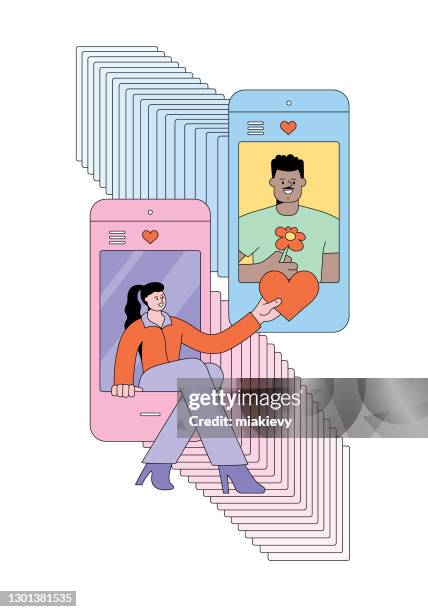 illustrazioni stock, clip art, cartoni animati e icone di tendenza di scorrimento dei profili di datazione - incontro romantico