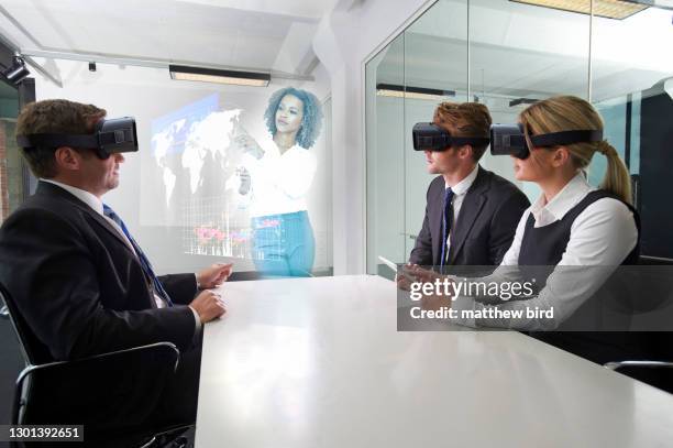 office workers having vr conference - virtual reality simulator presentation stockfoto's en -beelden