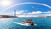 The ship is sailing on the Bosphorus with many seagulls around it, Istanbul