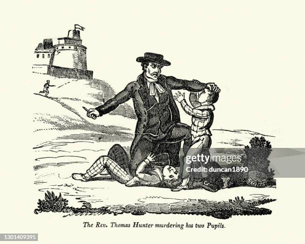 scene from the newgate calendar, rev. thomas hunter murdering his two pupils - 18th century stock illustrations
