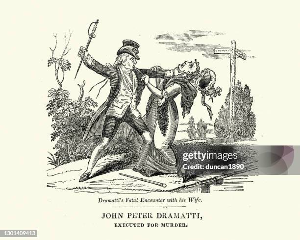 stockillustraties, clipart, cartoons en iconen met john peter dramatti moord op zijn vrouw 18e eeuw, misdaad, huiselijk geweld - women being strangled