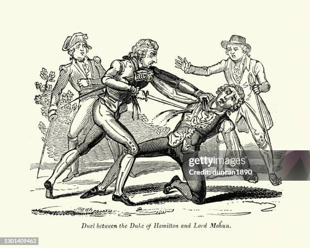 duel between the duke of hamilton and lord mohun, 18th century - dueling stock illustrations