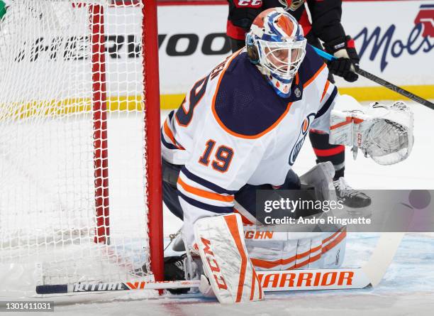 Mikko Koskinen of the Edmonton Oilers tends net against the Ottawa Senators at Canadian Tire Centre on February 9, 2021 in Ottawa, Ontario, Canada.