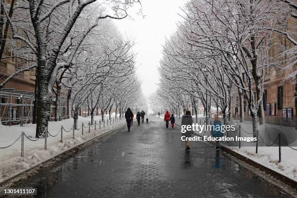 People taking a walk along a road around the Columbia University grounds in Manhattan, New York.
