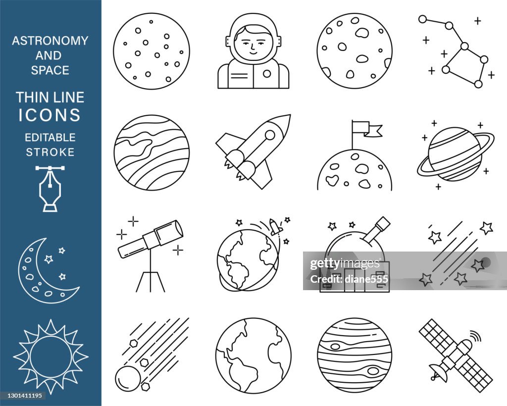 Icona astronomia e linea sottile dello spazio impostata con tratti modificabili