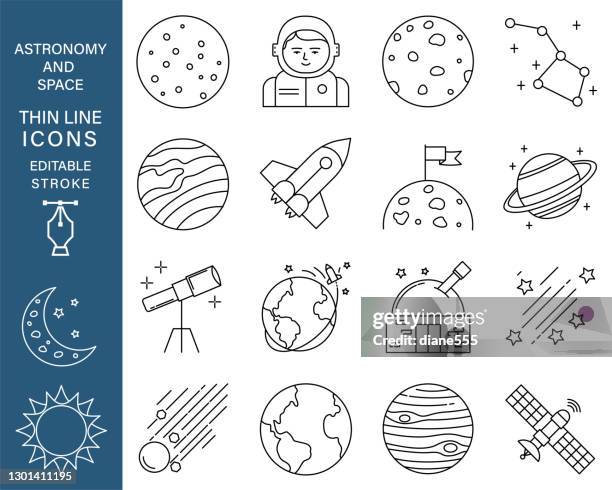 stockillustraties, clipart, cartoons en iconen met astronomie en ruimte dunne lijn pictogram set met bewerkbare lijnen - meteorenregen