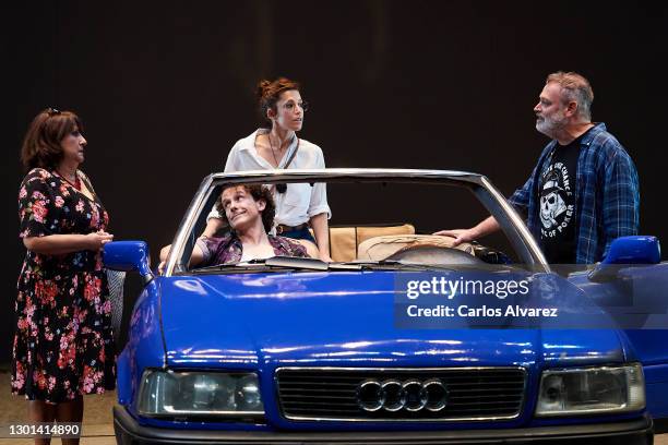 Actors Soledad Mallol, Victor Ullate Roche, Luciana de Nicola and Pablo Carbonell perform on stage during the 'Blablacoche' Theatre Play at the...