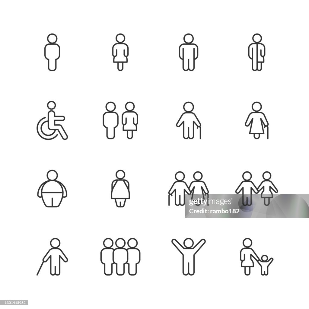 Iconos de línea de personas. Trazo editable. Pixel perfecto. Para móviles y web. Contiene iconos tales como Hombre, Mujer, Adulto Senior, Niño, Niña, Símbolo de Discapacidad, Sobrepeso, Persona Ciega, Familia, Relación, Hombre de Negocios, Mujer de N