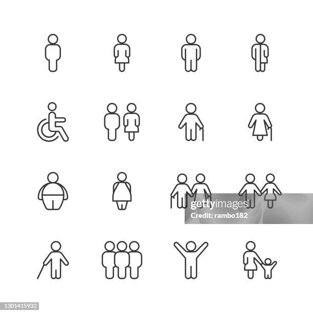 people line icons. editable stroke. pixel perfect. for mobile and web. contains such icons as male, female, senior adult, boy, girl, disability symbol, overweight, blind person, family, relationship, business man, business woman, leadership. - people icon stock illustrations
