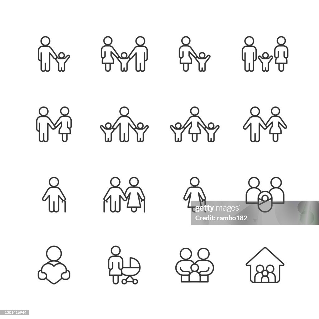 Ícones da Linha da Família. Golpe editável. Pixel Perfeito. Para Mobile e Web. Contém ícones como Família, Pai, Pai, Mãe, Criança, Lar, Amor, Cuidado, Gravidez, Apoio, União, Comunidade, Família Multigeracional, Encontro Social, Idoso Adulto.