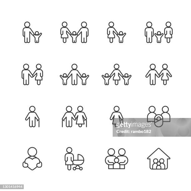 family line icons. editable stroke. pixel perfect. for mobile and web. contains such icons as family, parent, father, mother, child, home, love, care, pregnancy, support, togetherness, community, multi-generation family, social gathering, senior adult. - young adult stock illustrations