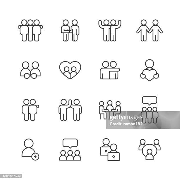 friendship line icons. editable stroke. pixel perfect. for mobile and web. contains such icons as friend, party, handshake, bonding, mental health, high five, video call, couple, relationship, love, fist bump, celebration, lough, social. - all men group selfie stock illustrations