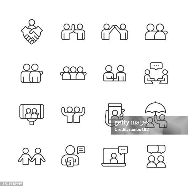 freundschaft linie icons. bearbeitbarer strich. pixel perfekt. für mobile und web. enthält symboleweise friend, party, handshake, bonding, mental health, high five, video call, couple, relationship, love, fist bump, celebration, lough, social. - invitation icon stock-grafiken, -clipart, -cartoons und -symbole