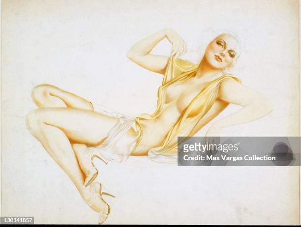 Pin-up art by Alberto Vargas titled Nude with Gold Wrap circa 1930's.