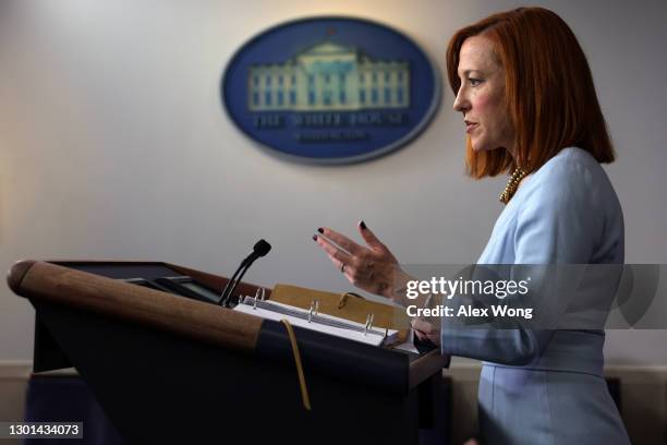 White House Press Secretary Jen Psaki speaks during a news briefing at the James Brady Press Briefing Room of the White House February 10, 2021 in...