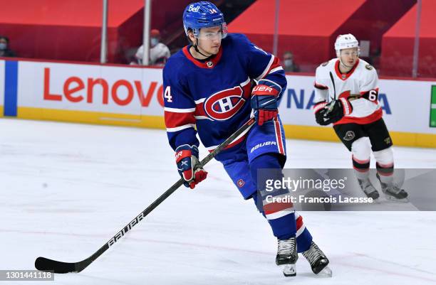 Nick Suzuki of the Montreal Canadiens skates for position against the Ottawa Senators in the NHL game at the Bell Centre on February 4, 2021 in...