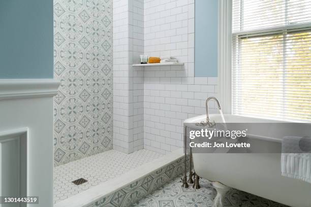 bathtub and tiled shower in light-filled bathroom - 据え置き型バスタブ ストックフォトと画像