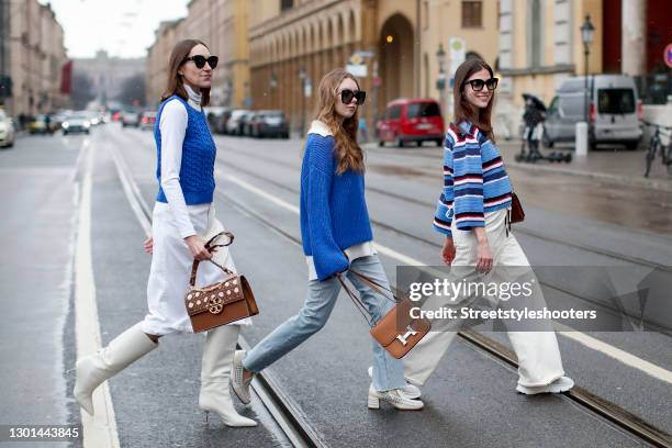 Influencer Annette Weber wearing black sunglasses by Max Mara, a beige and white midi length skirt by Baum und Pferdgarten, a white turtleneck...