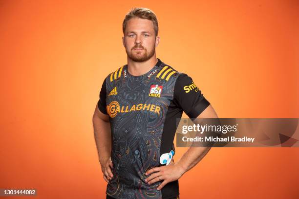 Sam Cane poses during the Chiefs 2021 Super Rugby team headshots session at Chiefs HQ on February 10, 2021 in Hamilton, New Zealand.