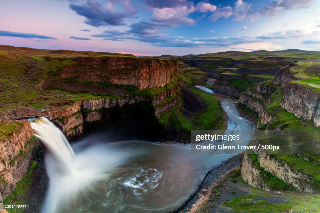 Scenic view of waterfall against sky,Palouse Falls State Park,United States,USA