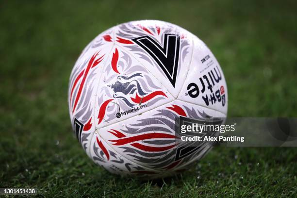 Detailed view of the Mitre Delta Max FA Cup match ball ahead of The Emirates FA Cup Fifth Round match between Leicester City and Brighton And Hove...
