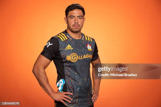 Anton Lienert-Brown poses during the Chiefs 2021 Super Rugby team headshots session at Chiefs HQ on February 10, 2021 in Hamilton, New Zealand.