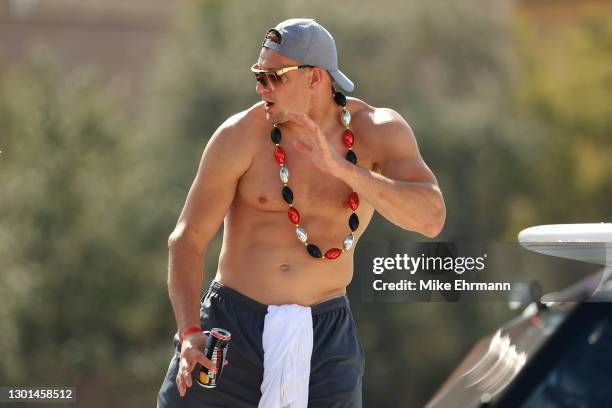 Rob Gronkowski of the Tampa Bay Buccaneers celebrates during the Tampa Bay Buccaneers Super Bowl boat parade on February 10, 2021 after defeating the...
