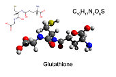 Chemical formula, skeletal formula and 3D ball-and-stick model of antioxidant glutathione