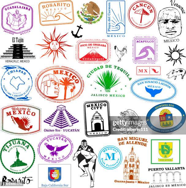 mexican travel stamps vintage style - passport stamps stock illustrations