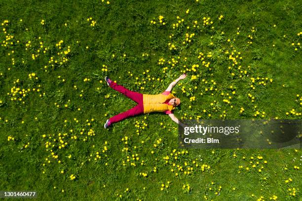 frau liegt in frühlingswiese, luftbild - blüten von oben stock-fotos und bilder