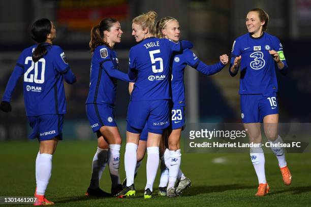 Pernille Harder of Chelsea celebrates with teammates after scoring her team's first goal during the Barclays FA Women's Super League match between...