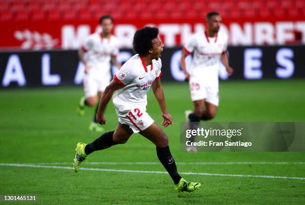 Jules Kounde of Sevilla celebrates after scoring their side's first goal during the Copa del Rey Semi Final First Leg match between Sevilla and FC...