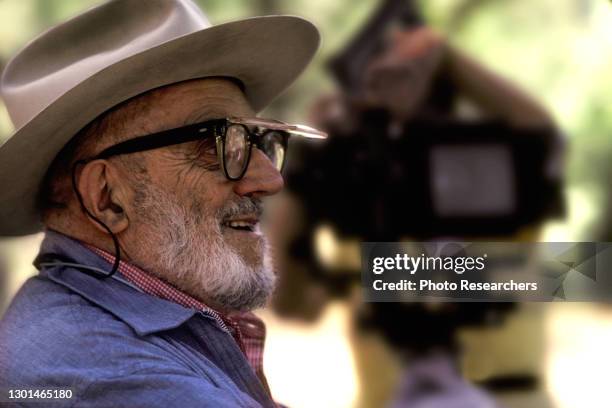 Close-up of American photographer Ansel Adams in Yosemite National Park, California, 1970s.