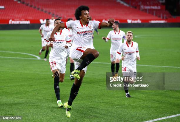 Jules Kounde of Sevilla celebrates after scoring their side's first goal during the Copa del Rey Semi Final First Leg match between Sevilla and FC...