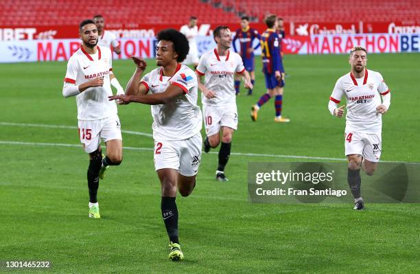 Jules Kounde of Sevilla celebrates after scoring their side's first goal during the Copa del Rey Semi Final First Leg match between Sevilla and FC...