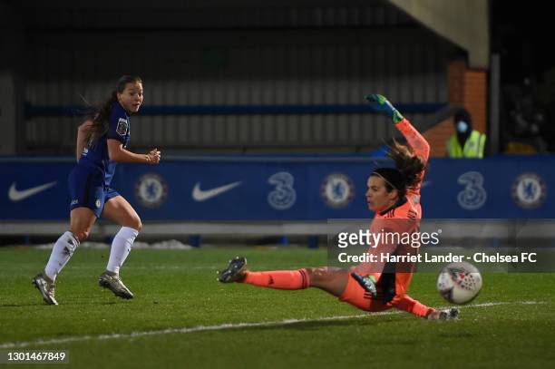 Fran Kirby of Chelsea scores her team's third goal past Lydia Williams of Arsenal during the Barclays FA Women's Super League match between Chelsea...
