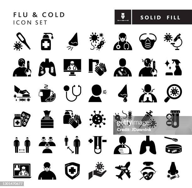 ilustraciones, imágenes clip art, dibujos animados e iconos de stock de conjunto de iconos de línea delgada de virus frío y gripe - relleno negro 100% sólido - solid