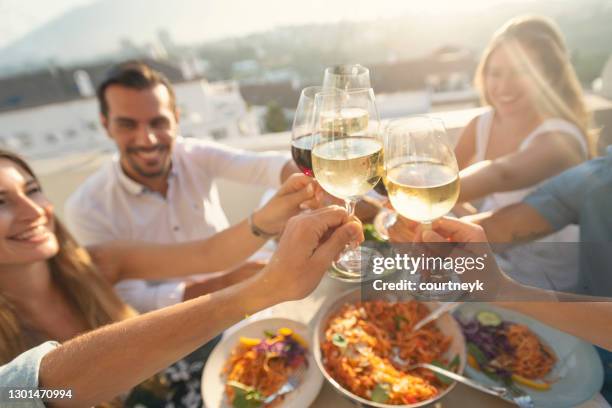 gruppe von freunden mit einer mahlzeit im freien. sie feiern mit einem toast mit wein. - salat im glas stock-fotos und bilder