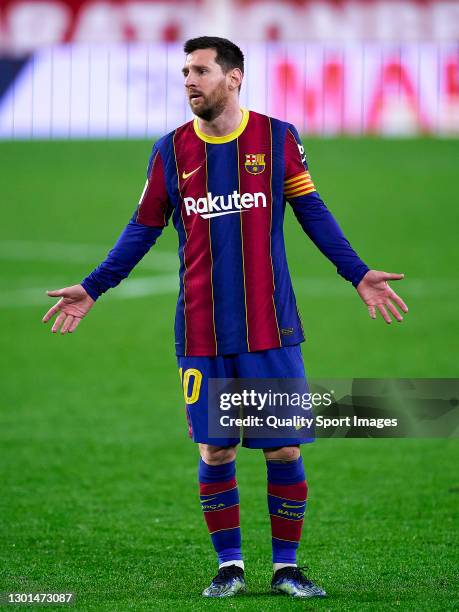 Lionel Messi of FC Barcelona reacts during the Copa del Rey Semi Final First Leg Match between Sevilla FC and FC Barcelona at Estadio Ramon Sanchez...