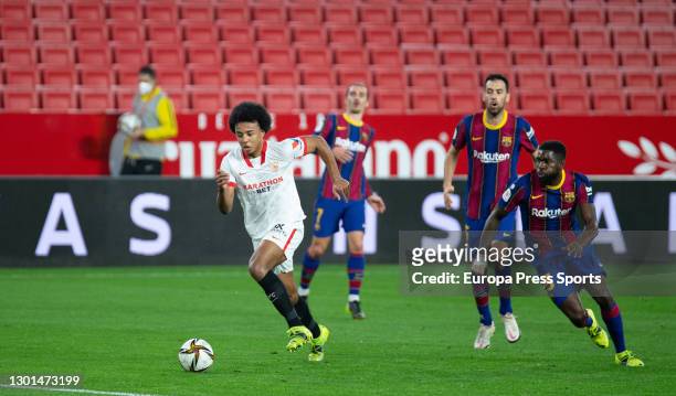 Jules Kounde of Sevilla in action during the Spanish cup, Copa del Rey, football match played between Sevilla FC and FC Barcelona at Ramon Sanchez...